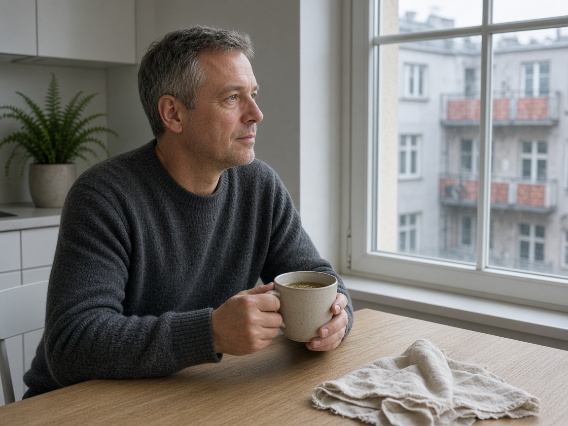 Mann mit Kräutertee am Küchentisch